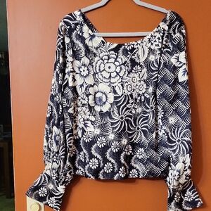 Anthropologie Black and White Floral Peasant Blouse